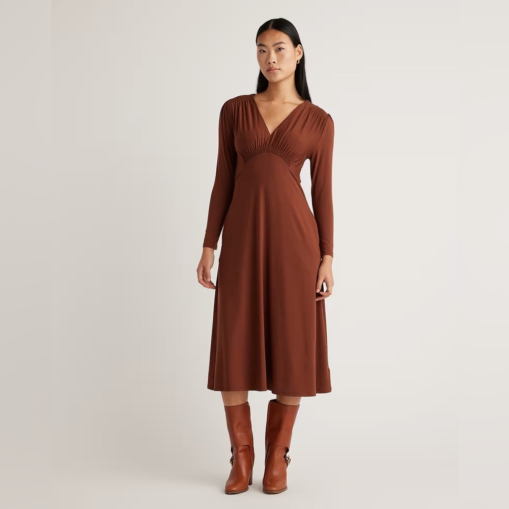Quince NWT Tencel Jersey V-Neck Midi Dress with Long Sleeves in Brown size XS